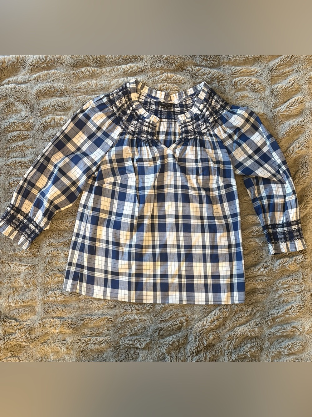 Talbots Blue and White Plaid Smocked Neck Top